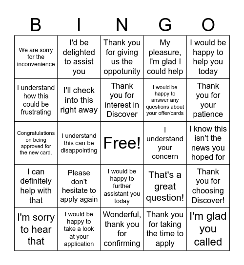 Phrases BINGO Card