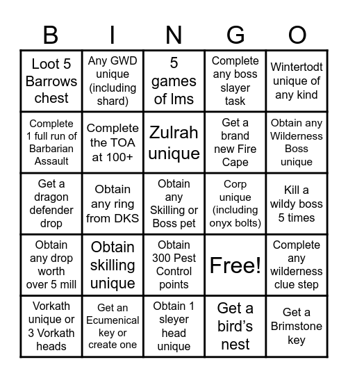 Old School RuneScape Bingo Card