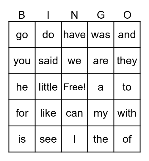 High Frequency Word Bingo Card