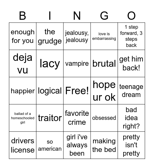 Olivia Rodrigo Singo Bingo Card