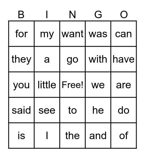 High Frequency Word Bingo Card