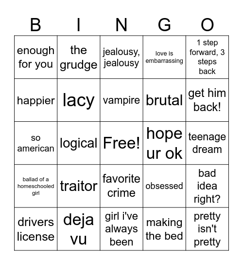 Olivia Rodrigo Singo Bingo Card