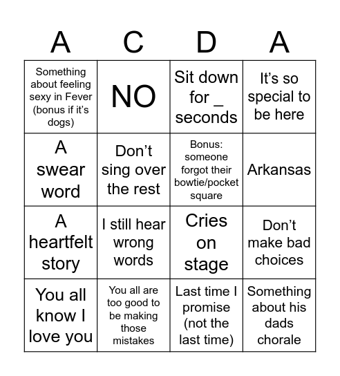 Things Skoog does/says at ACDA Bingo Card