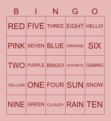 English bingo Card