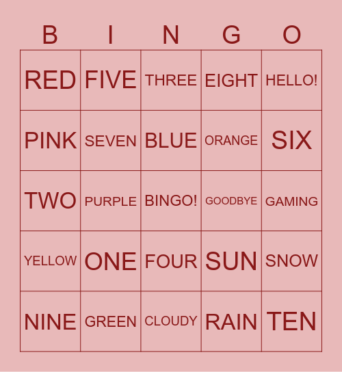 English bingo Card