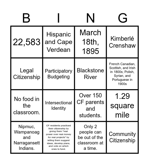 P5: Civics Review Bingo Card