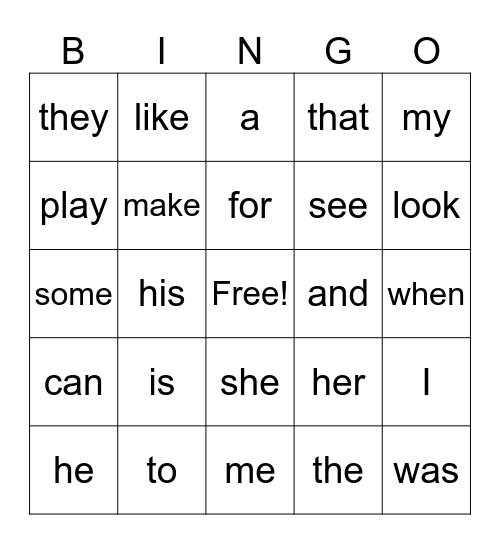 Sight Word Bingo Card