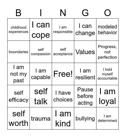 Self-Esteem Bingo Card
