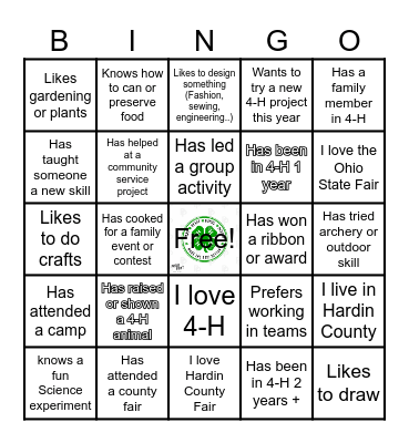 Lynn Valley Farmers 4-H Bingo Card