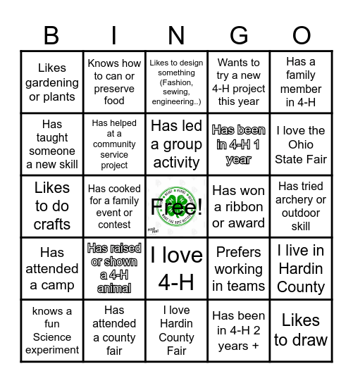 Lynn Valley Farmers 4-H Bingo Card