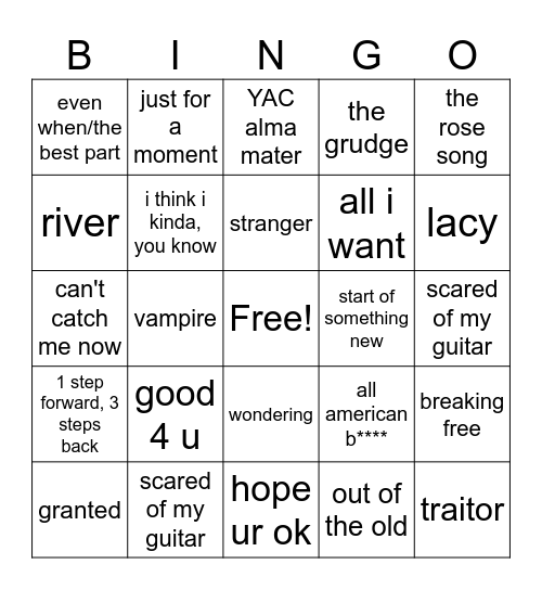 Olivia Rodrigo Singo 2 Bingo Card