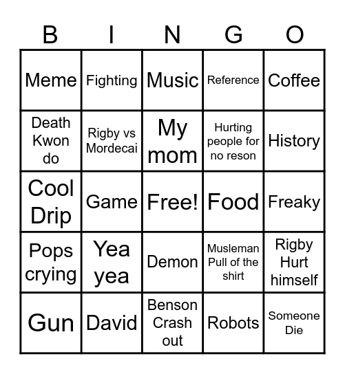 Regular show Bingo Card