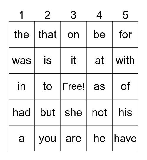 Word Bingo 1 Bingo Card