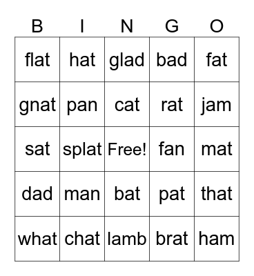 at word family Bingo Card