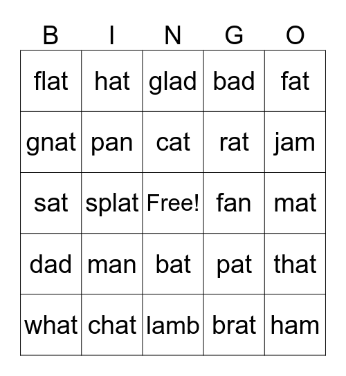 at word family Bingo Card