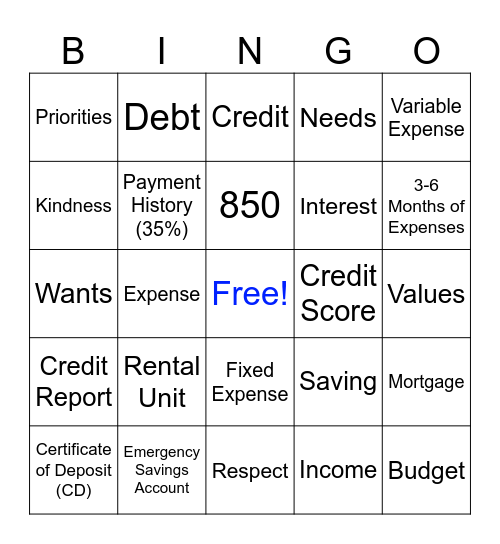 Money Smart Bingo Card