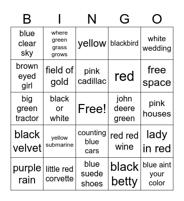 Songs about Color Bingo Card