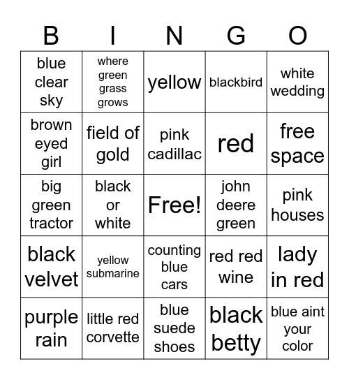 Songs about Color Bingo Card