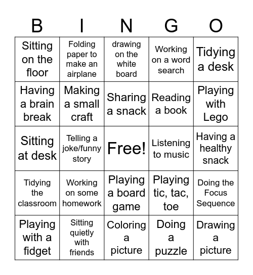 Indoor Recess BINGO NHS Bingo Card