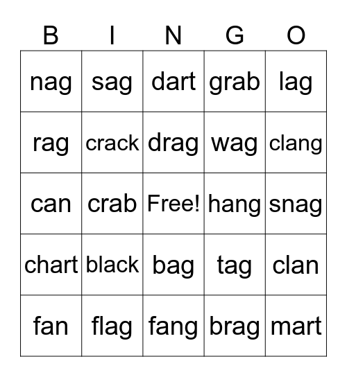 ag word family Bingo Card