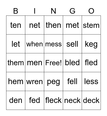 en word family Bingo Card