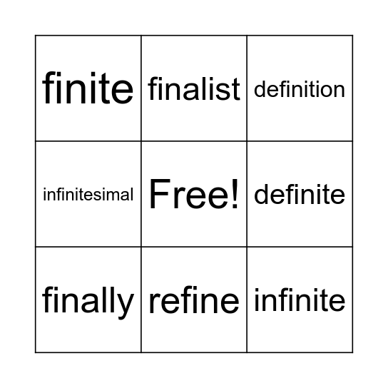 (fin, finit = end) Bingo Card