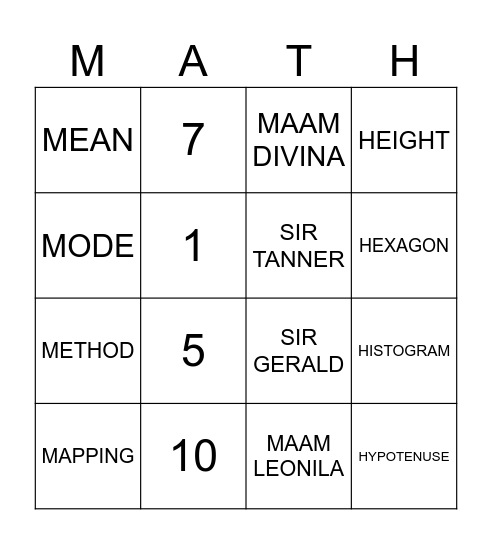 MATH BINGO Card