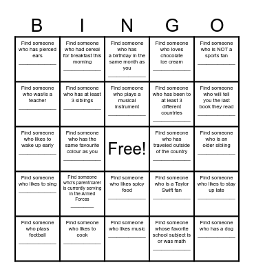 Find a Friend Bingo Card