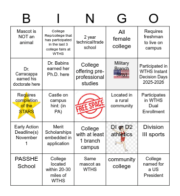 WTHS COLLEGE FAIR BINGO Card