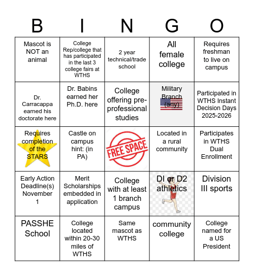 WTHS COLLEGE FAIR BINGO Card