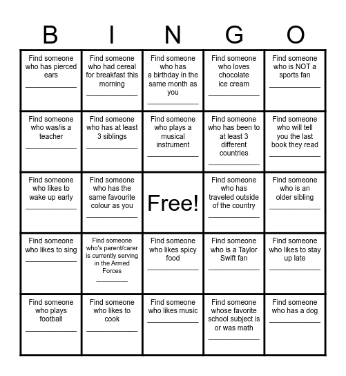 Find a Friend Bingo Card