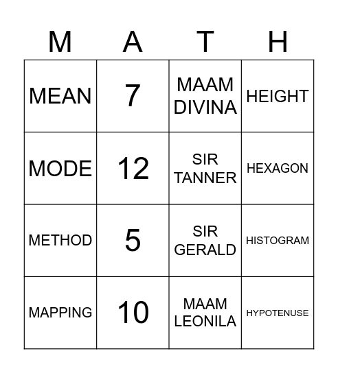 MATH BINGO Card