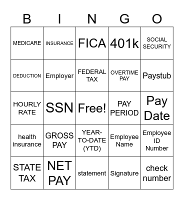 Paystub Bingo Card