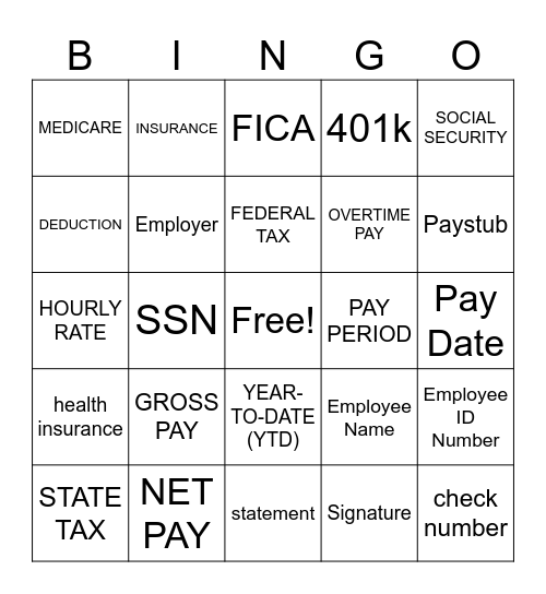 Paystub Bingo Card