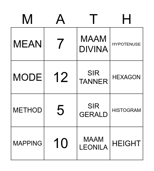 MATH BINGO Card
