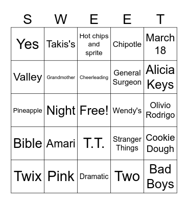 Triniti's 16th Bday Bingo Card