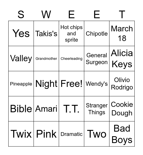 Triniti's 16th Bday Bingo Card