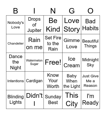 Pop Music Bingo Card