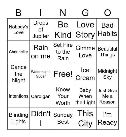 Pop Music Bingo Card