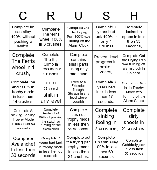 Crush PSP Expert Bingo (Co-op) Blackout Bingo Card