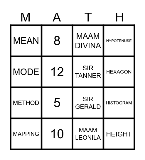 MATH BINGO Card