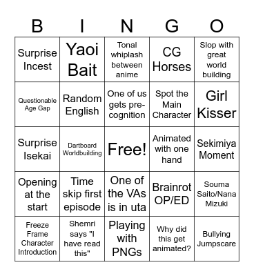 Anime Bingo Card