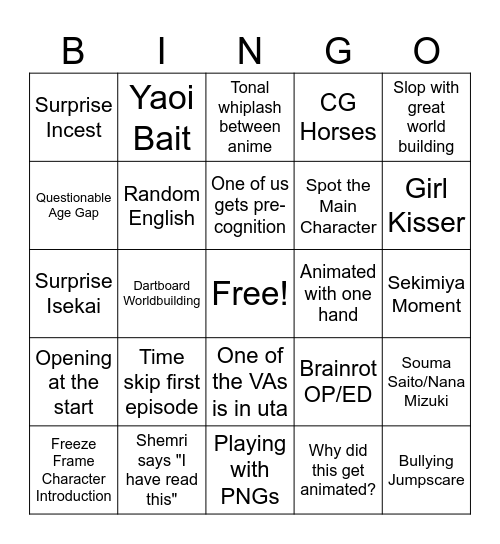 Anime Bingo Card