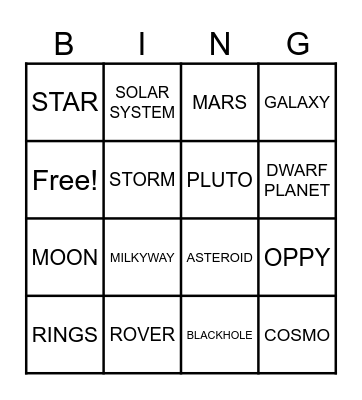 STARS andPLANETS Bingo Card