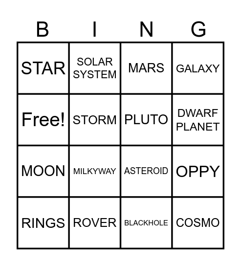 STARS andPLANETS Bingo Card