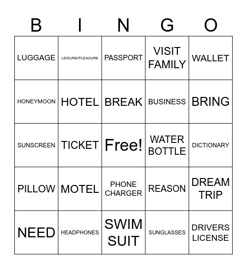 Travel Needs and Reasons Bingo Card