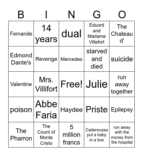 The Count of Monte Cristo Bingo Card