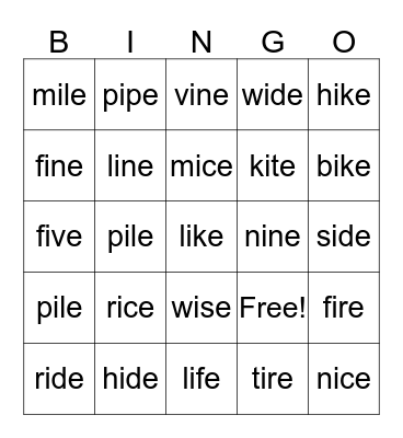 Long I Bingo Card