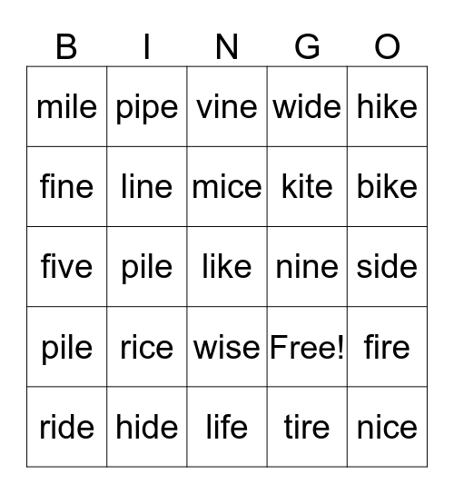 Long I Bingo Card