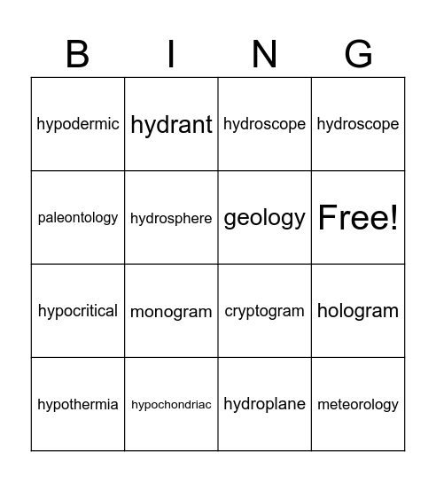 Greek Root Words (7) Bingo Card